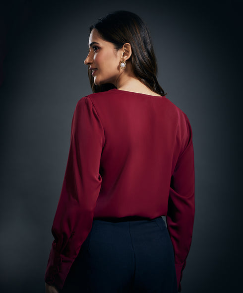Cuff Scalloped Chiffon  Top-Maroon