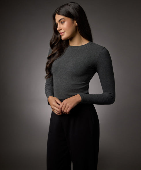 Long Sleeve Round Neck Rib Top- Dark Grey