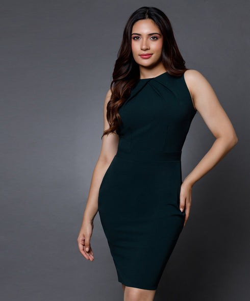Neck Pleated Bodycon Green Dress