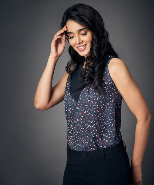 Notched Neckline Contrast Panel Black Blouse