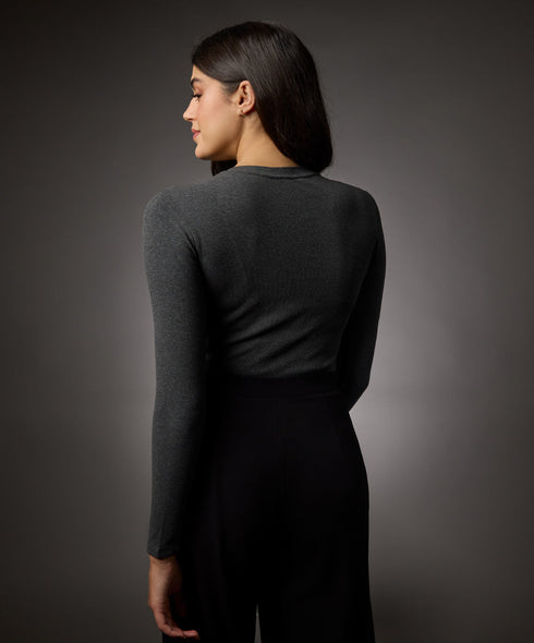 Long Sleeve Round Neck Rib Top- Dark Grey