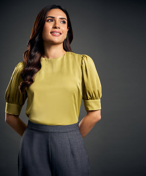 Satin Puffed Sleeve Green Top