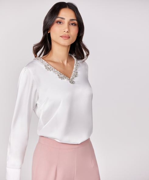 Trim Attached Long Sleeve White Top