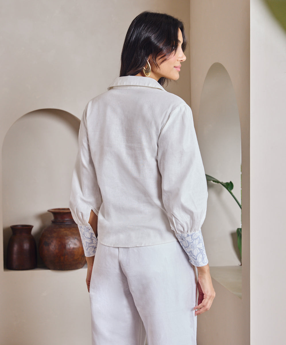 Linen Blend Fitted Shirt with Ribbon Embroidery Details in Denim Blue for Women