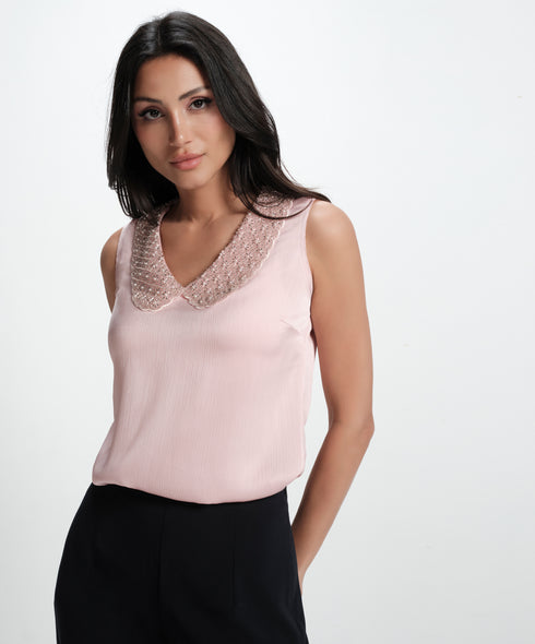 Sleeveless Collar Attached Pink Top