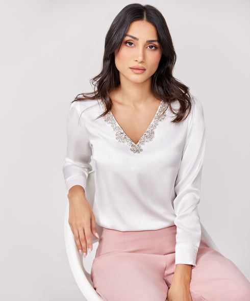 Trim Attached Long Sleeve White Top