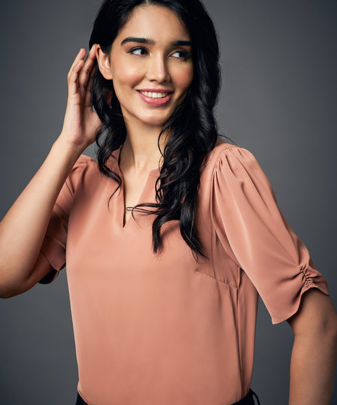 Notched Neck Solid Brown Blouse