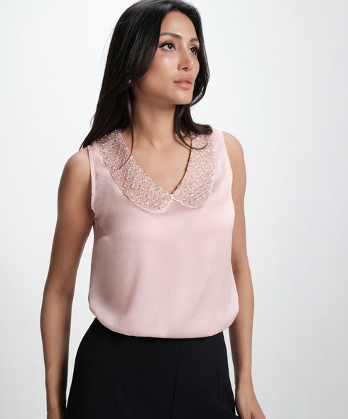 Sleeveless Collar Attached Pink Top