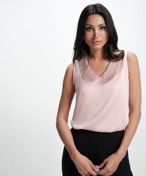 Sleeveless Collar Attached Pink Top
