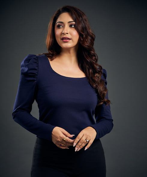 Long Puff Sleeve Blue Ponte Top