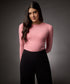 Long Sleeve Round Neck Rib Top- Peach Pink