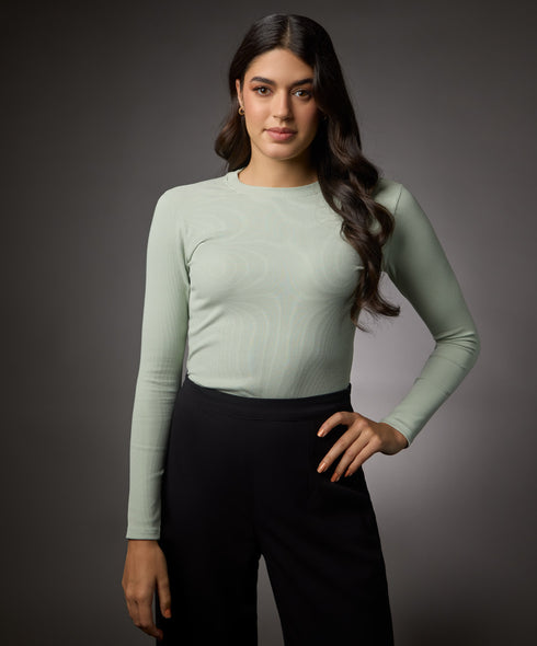 Long Sleeve Round Neck Rib Top- Baby Green