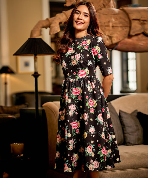 Round Neck Gathered Skirt Printed Dress