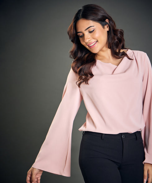 Cowl Neck Long Sleeve Pink Top