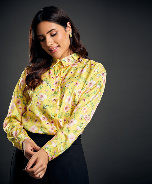 Printed Long Sleeve Yellow Satin Shirt