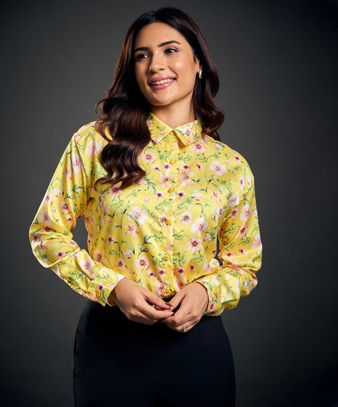 Printed Long Sleeve Yellow Satin Shirt
