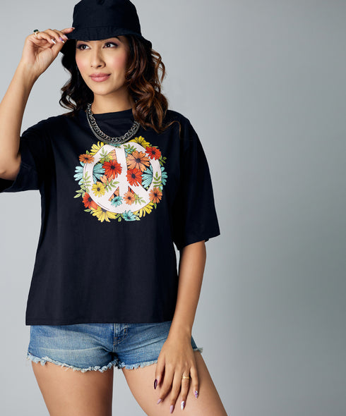 Oversize Black Floral Print Tshirt