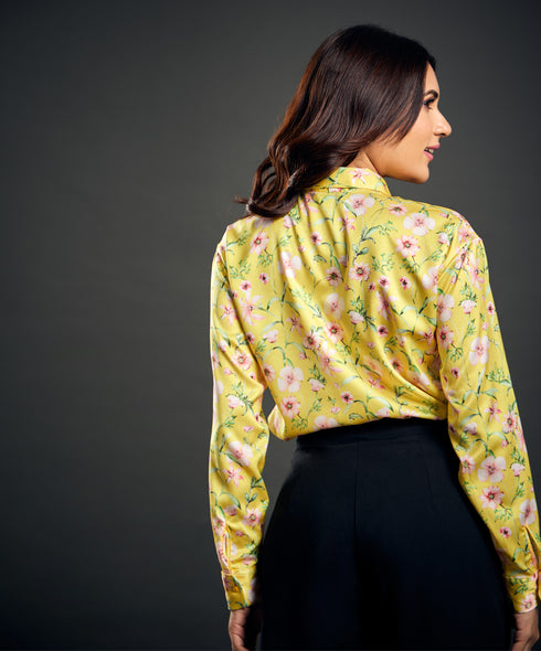 Printed Long Sleeve Yellow Satin Shirt