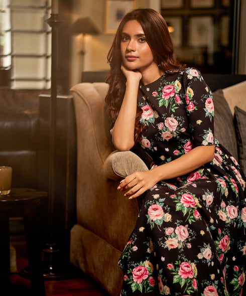 Round Neck Gathered Skirt Printed Dress