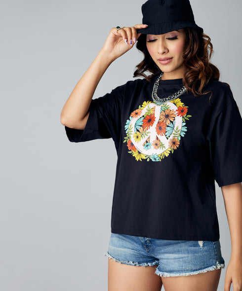 Oversize Black Floral Print Tshirt