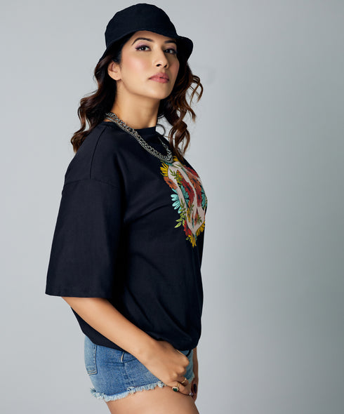 Oversize Black Floral Print Tshirt