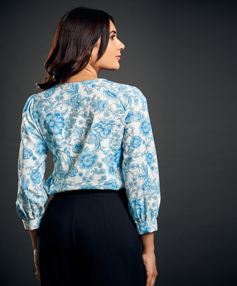 Side Pleated Printed Chiffon Blue Top