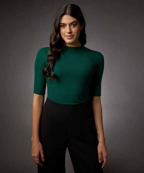 Short Sleeve High Neck Rib Top-Dark Green