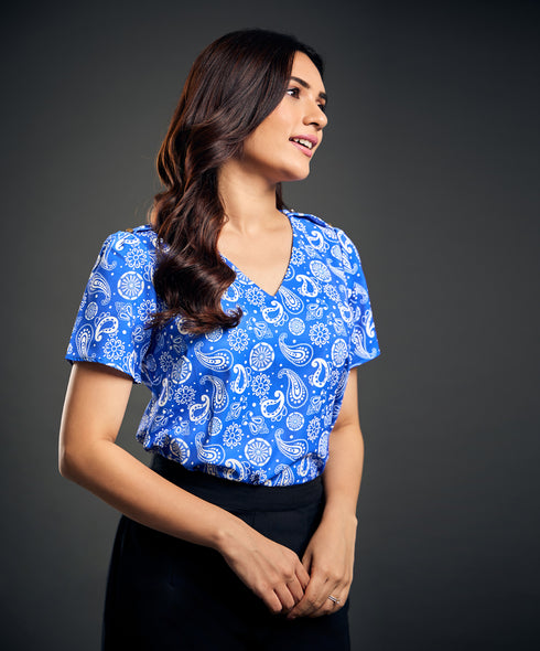 Vneck Shoulder Buttoned Blue Top