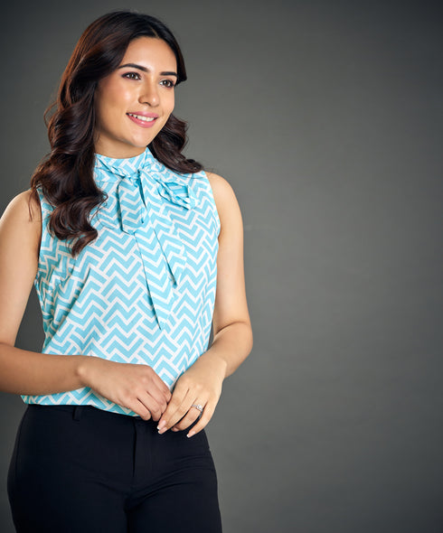 Neck Tie Sleeveless Sky Blue Top