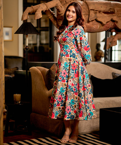 Floral Printed Long Sleeve Midi Dress
