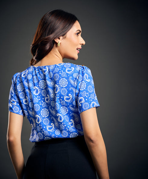 Vneck Shoulder Buttoned Blue Top