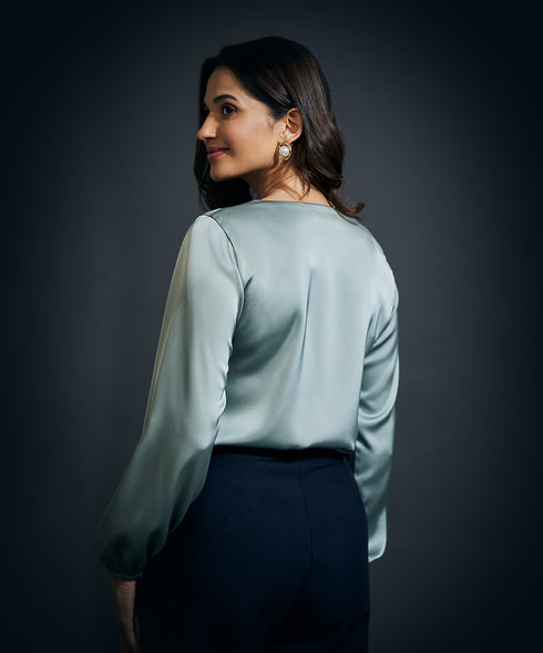 Cowl Neck Long Sleeve Satin Top-Olive