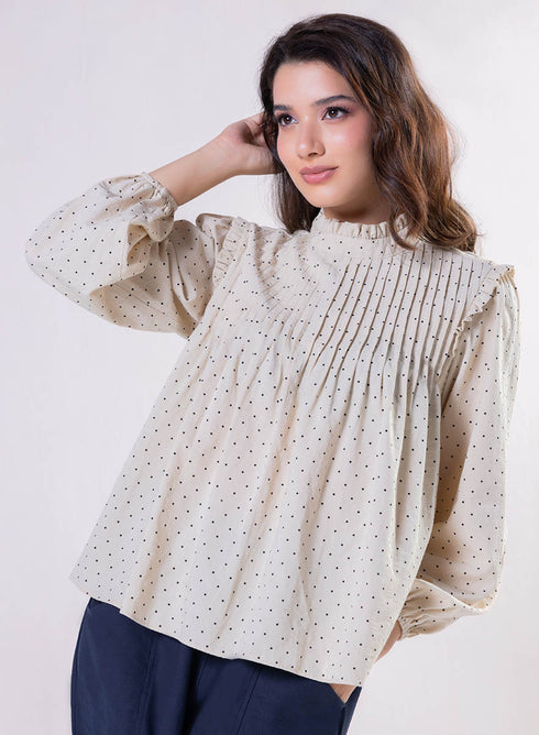 Pintuck Detailed Polka Dot Printed Top