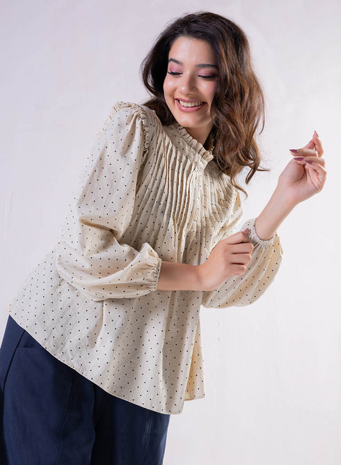 Pintuck Detailed Polka Dot Printed Top