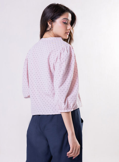 Collar Band Attached Half Sleeve Cotton Top