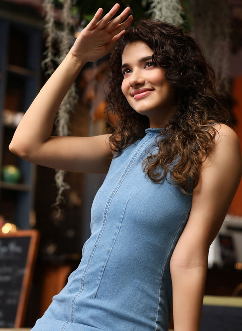 Blue Sleeveless Long Length Denim Dress