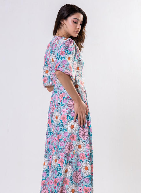 Curved V Neck Paneled Satin Printed Dress