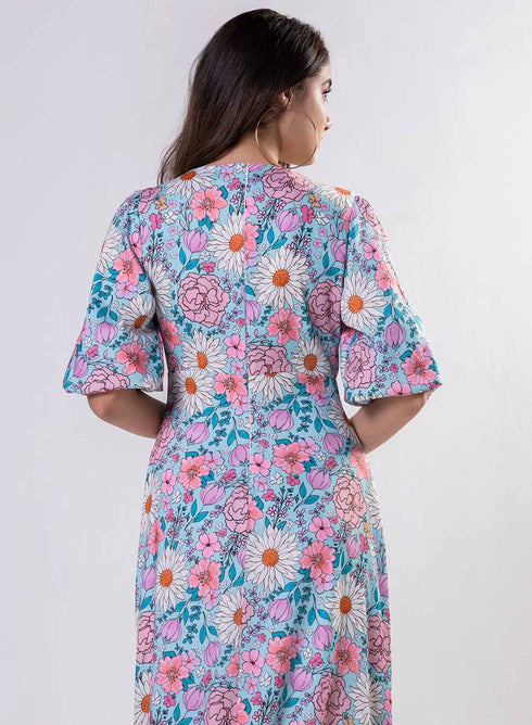 Curved V Neck Paneled Satin Printed Dress