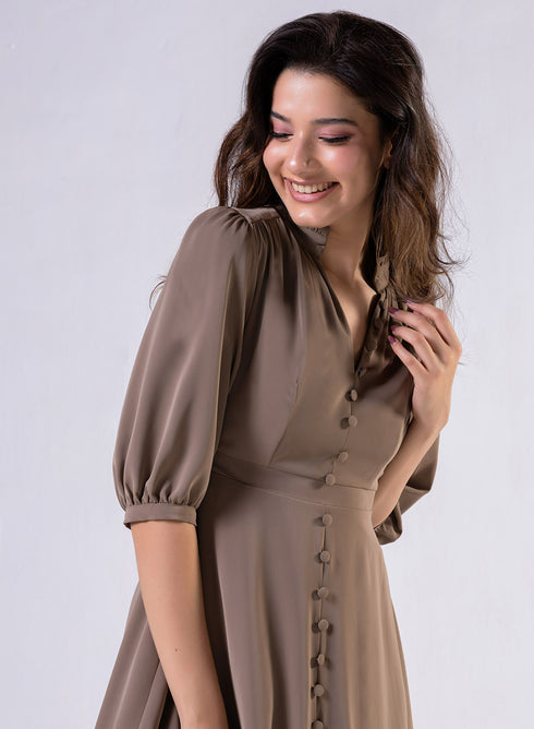 Front Buttoned Solid Chiffon Dress