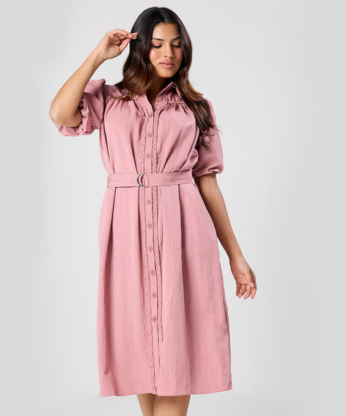 Trim Detailed Buckle Attached Pink Dress
