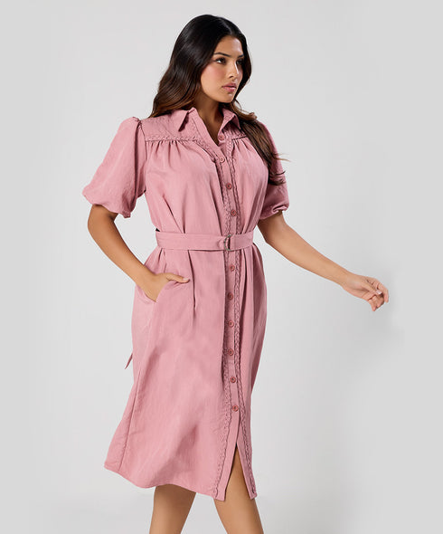 Trim Detailed Buckle Attached Pink Dress