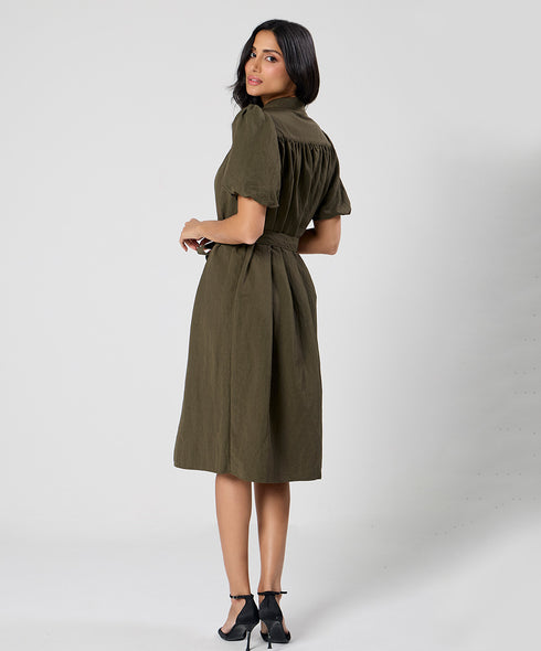 Trim Detailed Buckle Attached Green Dress