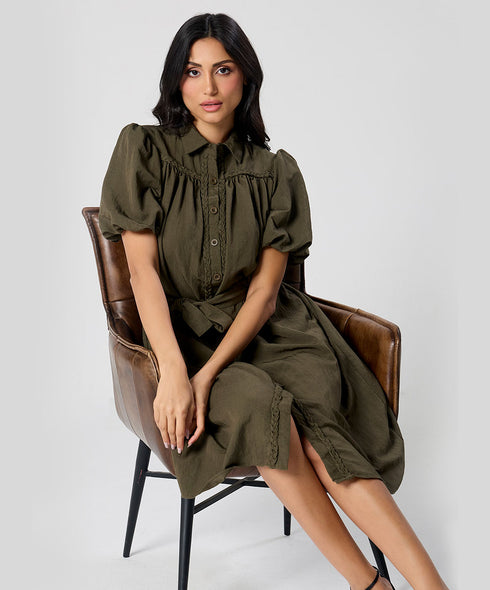 Trim Detailed Buckle Attached Green Dress