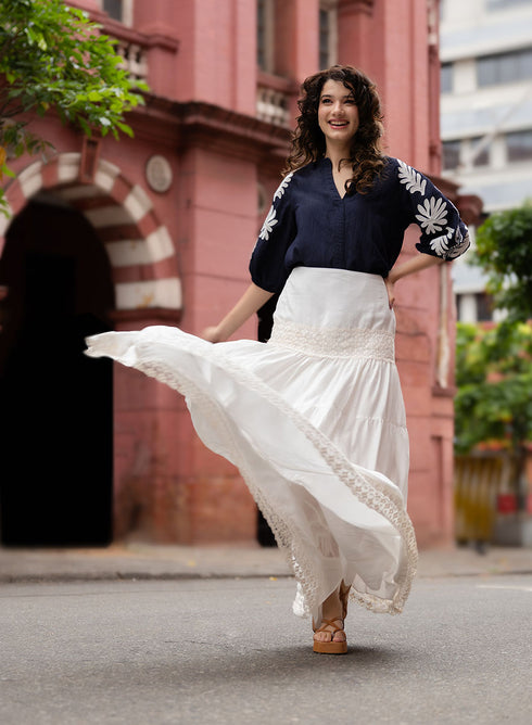 White Embroidered Black Top