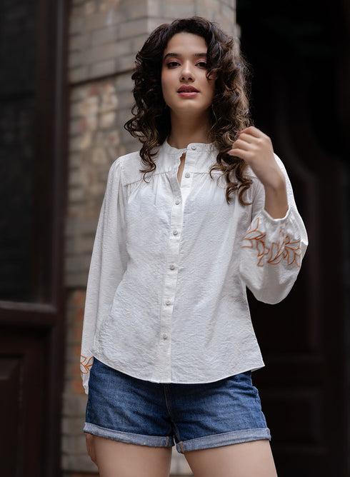 Mandarin Collar Sleeve Embroidered Long Sleeve Top