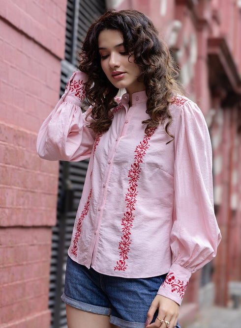 Mandarin Collar Sleeve Embroidered Top