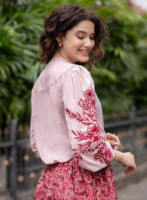 Side Sleeve Embroidered Casual Top