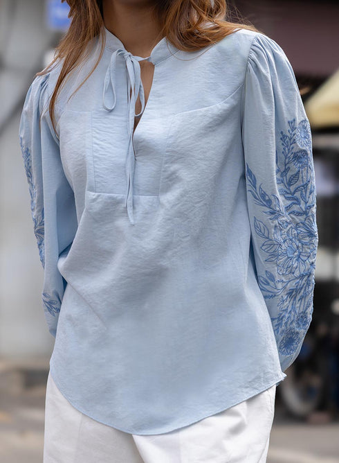 Side Sleeve Embroidered Blue Casual Top