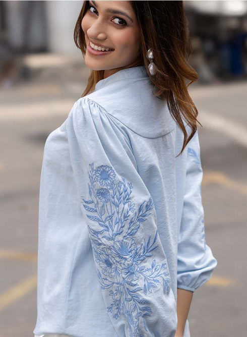 Side Sleeve Embroidered Blue Casual Top