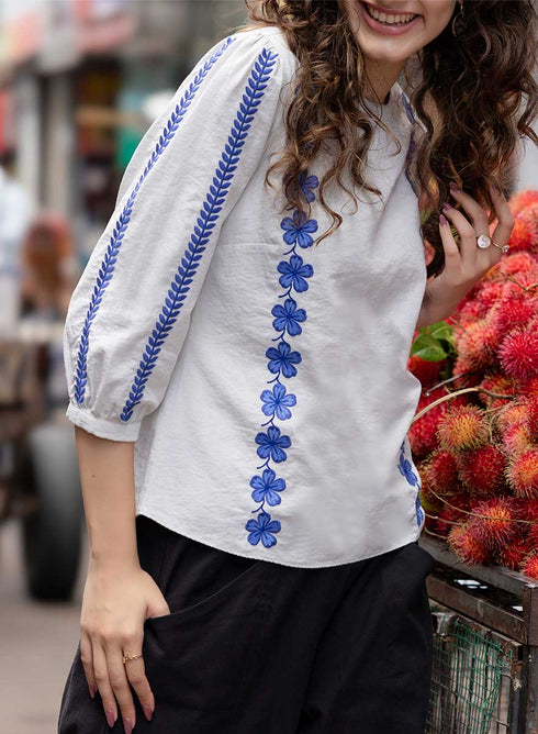Sleeve And Front Embroidered Three Quarter White Sleeve Top